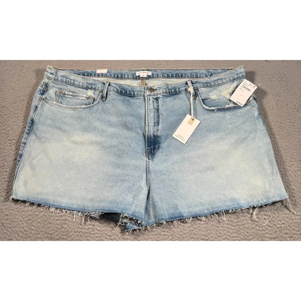 Good American Shorts Women's 24 Blue Cotton Denim Cut-Off 90s Raw Hem‎ Stretch